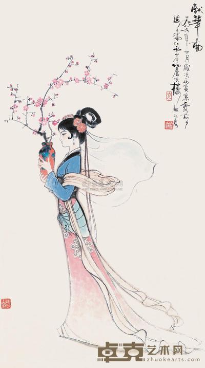 顾炳鑫 1986年作 献花图 立轴 84×48cm