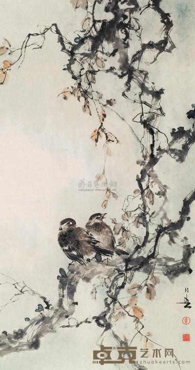 黄幻吾 寒枝双雀 镜框 90×47cm