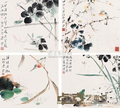 唐云 1943、1944年作 花鸟册 册页 （四开） 27×30cm×8