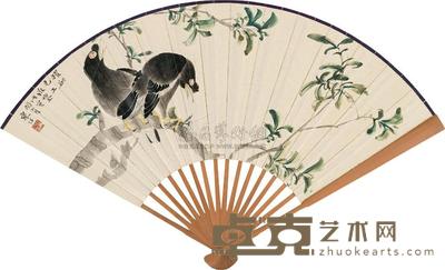 江寒汀 1938年作 春枝鸜鹆图 成扇
