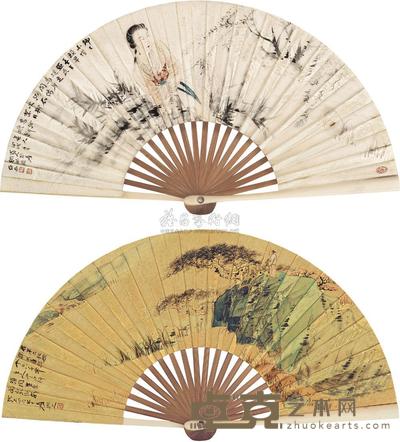 张大千 1934年作 松崖望江并柳风倚石图 成扇