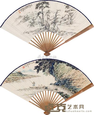 袁松年 沈秉厚 1934年作 清溪泛棹 江邨古木 成扇