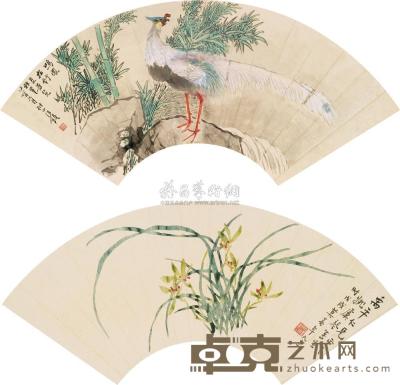 汪琨 姚虞琴 1945、1958年作 鸣凤在竹 幽兰图 （二帧） 扇片 