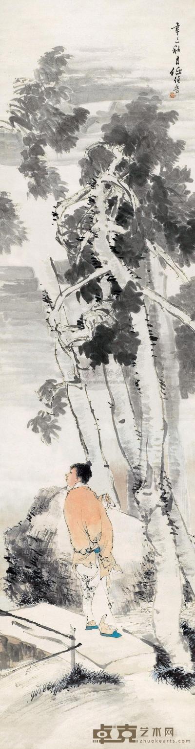 任伯年 1881年作 桐林漫步 立轴 180×47cm