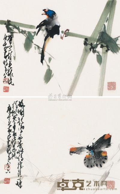 赵少昂 1990年作 花鸟 （二帧） 镜框 29×37cm×2