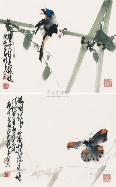 赵少昂 1990年作 花鸟 （二帧） 镜框