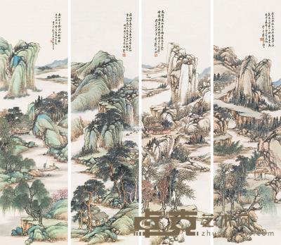 顾颐 1922年作 山水 四屏 146×40cm×4