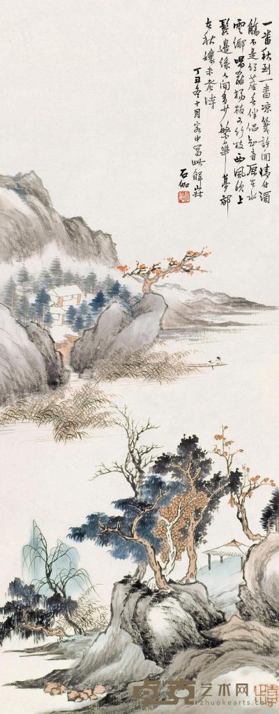 申石伽 1937年作 秋江红树图 立轴 81×31cm