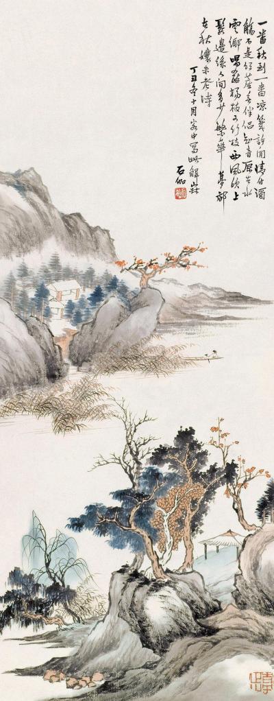 申石伽 1937年作 秋江红树图 立轴