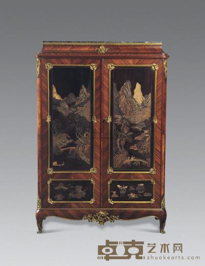 19世纪 法国拿破仑三世中国彩绘雕漆面双门柜 106×43×154cm