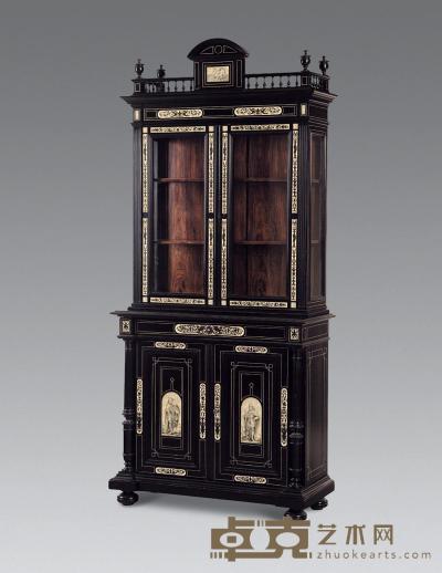 19世纪 意大利黑檀木贴皮镶象牙实木两截玻璃柜 103×44×227cm