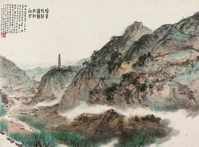 傅抱石 塔景钟声 镜心