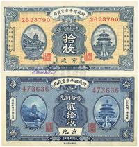 财政部平市官钱局铜元票2枚：民国九年（1920年）京兆贰拾枚、民国十二年（1923）京兆拾枚