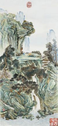 二十世纪 张志汤粉彩绘观瀑图大瓷板