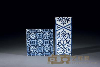 明永乐 青花花卉纹长方砖 青花锁锦纹方砖 (共两件) 长20.3×宽14.3cm;长9×宽14cm