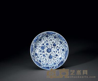 明永乐 青花缠枝茶花牡丹纹折沿大盘 长41.1cm