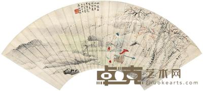 陆恢 吴观岱 1889年作 秋猎图/策杖高士 （两幅） 扇面立轴 18×52cm×2