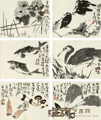 李苦禅 杂画集 (六幅) 镜框 35×44.7cm×2