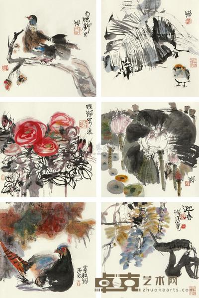 程十发 花鸟 (十二幅) 镜框 34×34.2cm×12