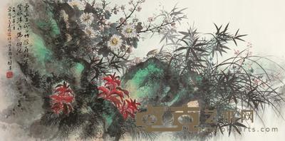 黎雄才 1984年作 竹菊清幽 镜框 69×135.2cm