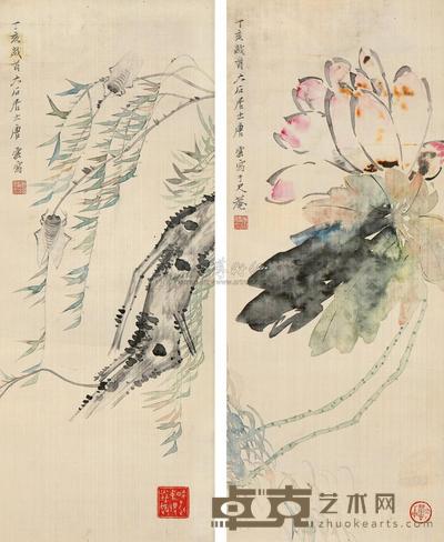 唐云 1947年作 荷香清幽/柳蝉图 立轴 51×21cm