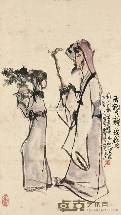 程十发 1985年作 陶渊明诗意图 立轴 97.6×44.8cm