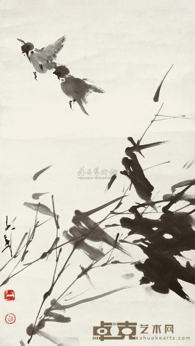 王子武 竹雀图 镜框 68.5×38.6cm