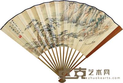 樊浩霖 1931年作  山间独钓 成扇 19.8×50cm