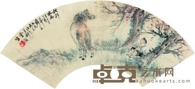 金寿石 1912年作 秋郊放马 扇面 镜框 17.8×51.2cm