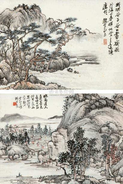 赵云壑 谷口书斋图 山间渡舟 （两幅） 立轴