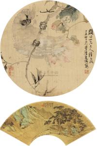 朱偁 吴榖祥 1877年作   1886年作 鹦鹉 松荫渡舟 （两幅） 扇面 镜框