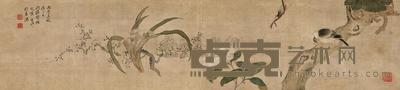 张槃 1876年作 幽花佳禽 镜框 18.5×82cm