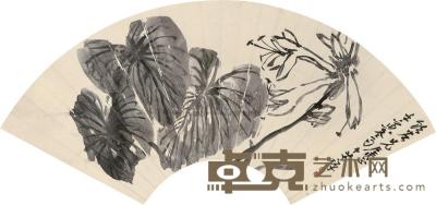 李苦禅 1962年作 玉簪花 扇面 镜框 22.8×61.5cm