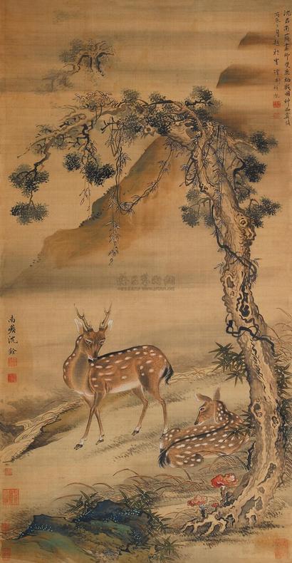 沈铨 双鹿栖戏图 立轴