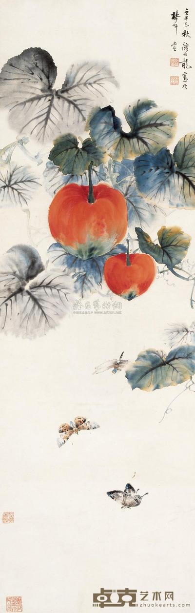 颜伯龙 1941年作 蝴蝶蜻蜓 立轴 102×33cm