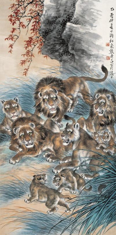 熊松泉 1945年作 群狮 立轴