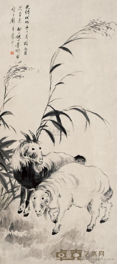 倪田 1898年作 双羊 立轴 111.5×50cm