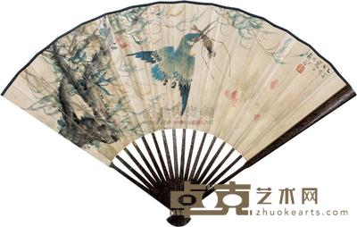 江寒汀 1945年作 觅食 成扇 17.5×50cm