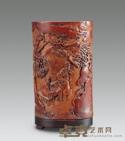 清 竹雕松下对弈笔筒 14.3cm