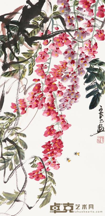 齐良已 紫藤蜜蜂 立轴 68×33cm
