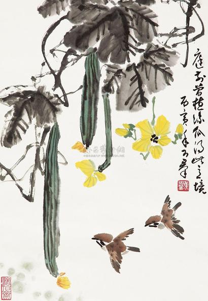 焦可群 1986年作 丝瓜小鸟 立轴