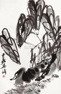 梁崎 荷塘鸭戏 立轴
