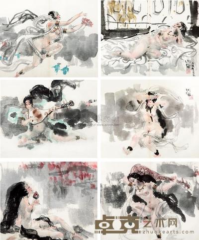 傅小石 1988年作 仕女 (十二幅) 镜心 26×33cm×2
