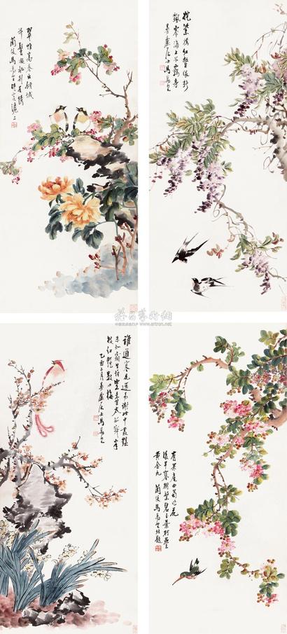 马万里 花卉 四屏