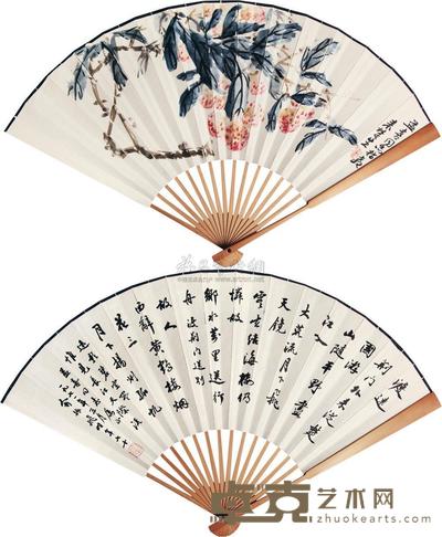 来楚生 俞振飞 花卉书法成扇 成扇 长45cm