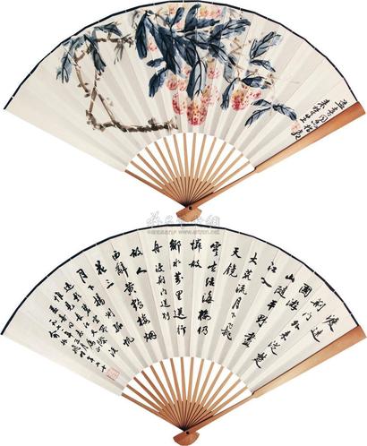 来楚生 俞振飞 花卉书法成扇 成扇