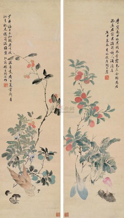 陶溶 1860年作 花果 对屏