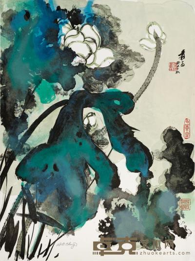 张大千 1973年作 泼彩荷花 （铜版画） 76×57cm