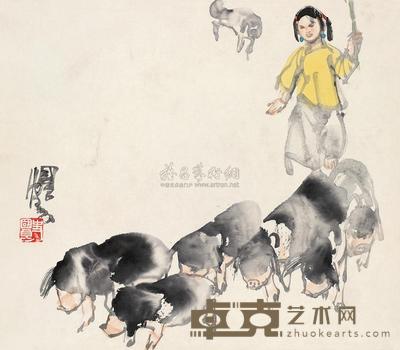 史国良 赶猪图 立轴 37.5×43cm