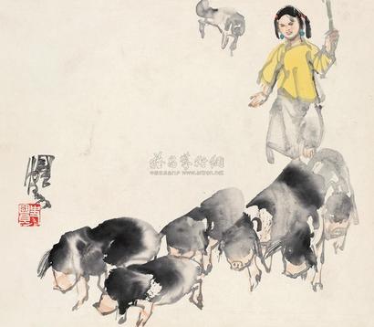 史国良 赶猪图 立轴